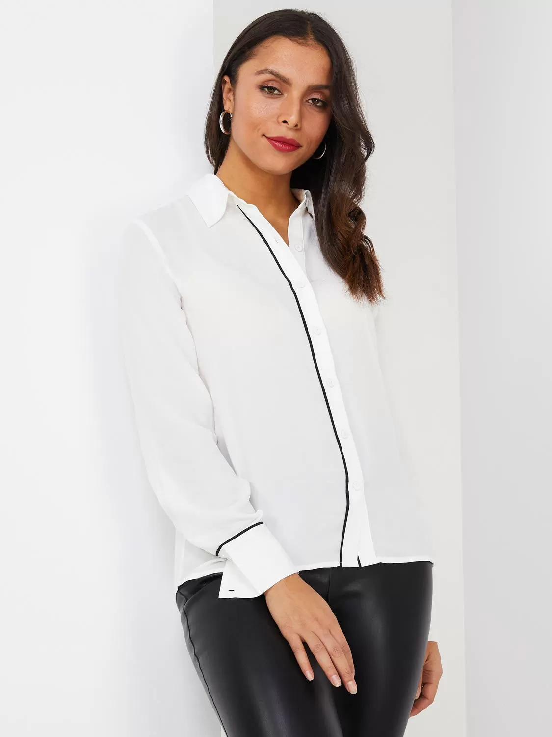 Button-Front Blouse With Contrast Piping