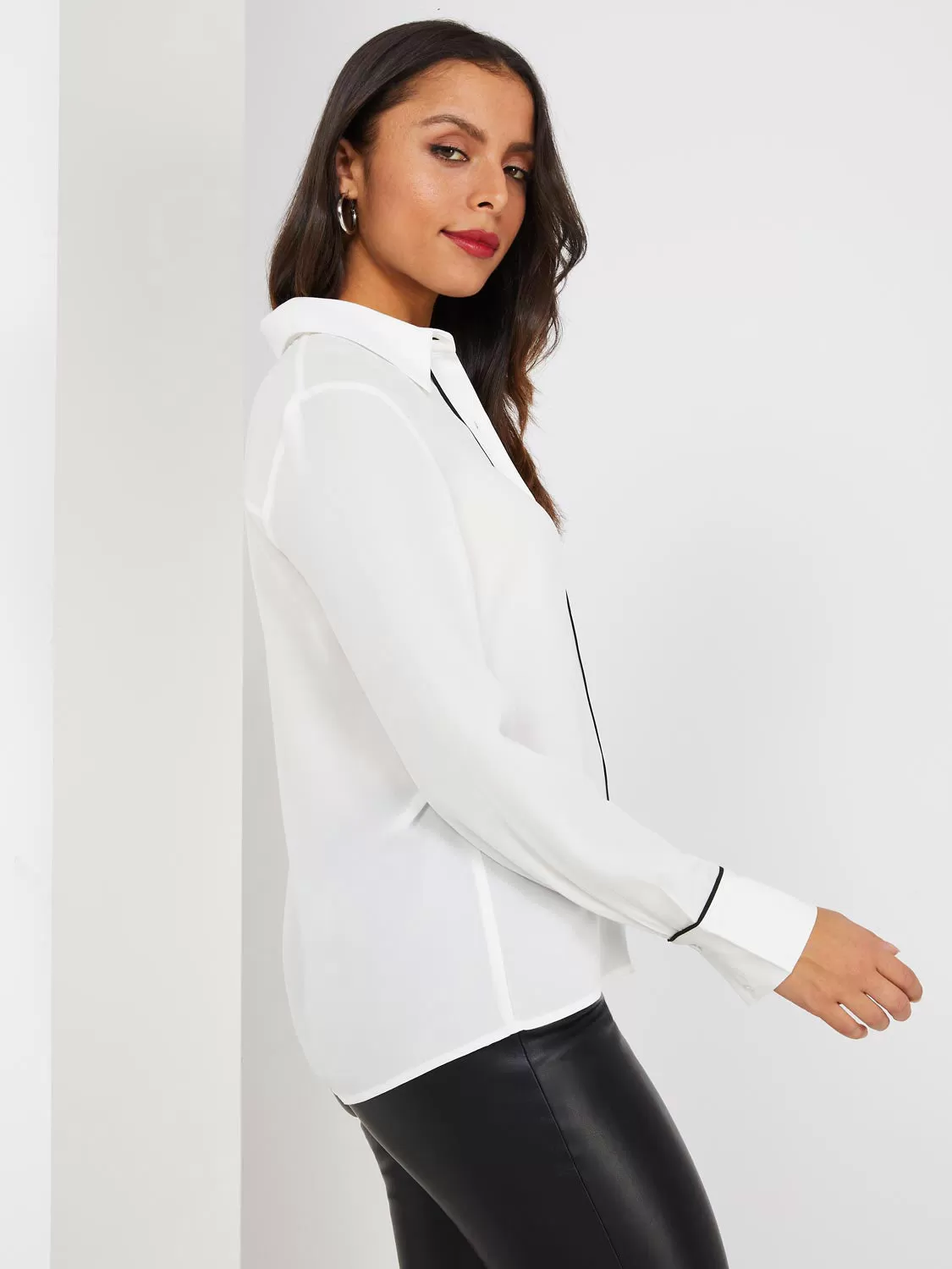 Button-Front Blouse With Contrast Piping