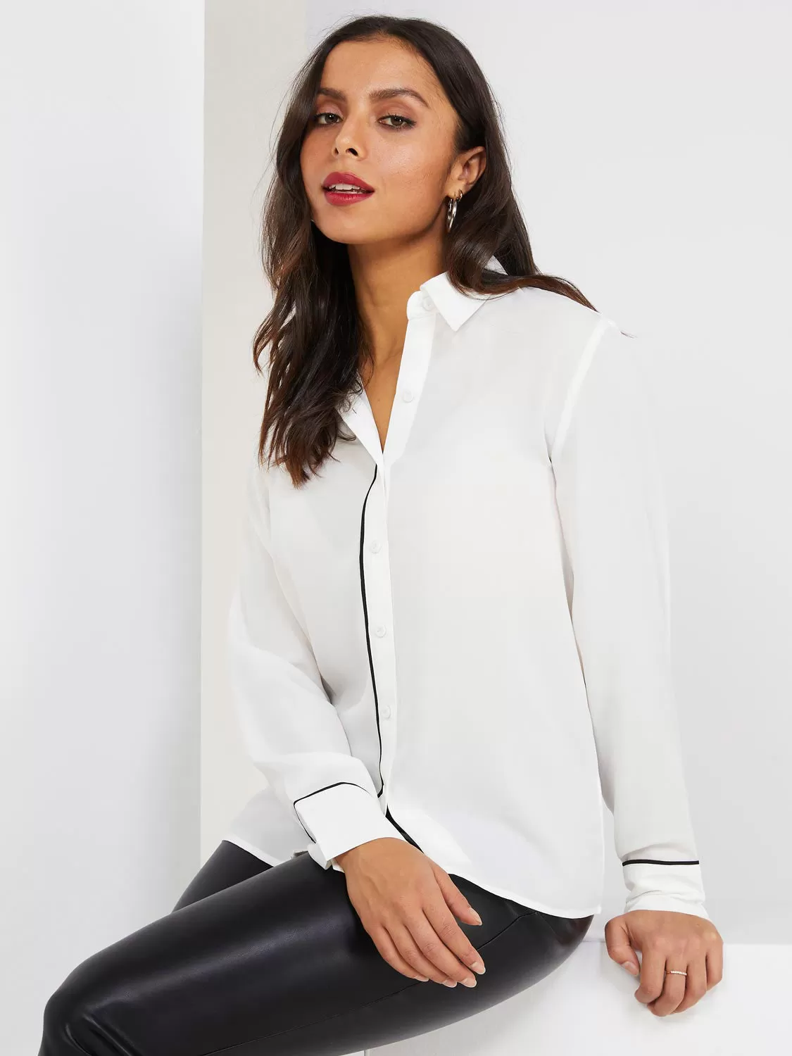 Button-Front Blouse With Contrast Piping