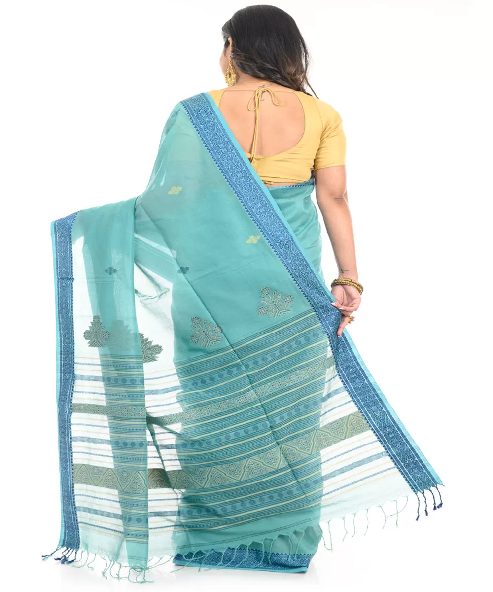 Cyan blue cotton handwoven shantipuri saree