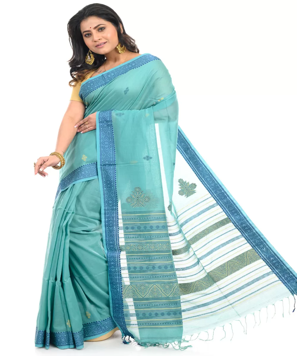 Cyan blue cotton handwoven shantipuri saree