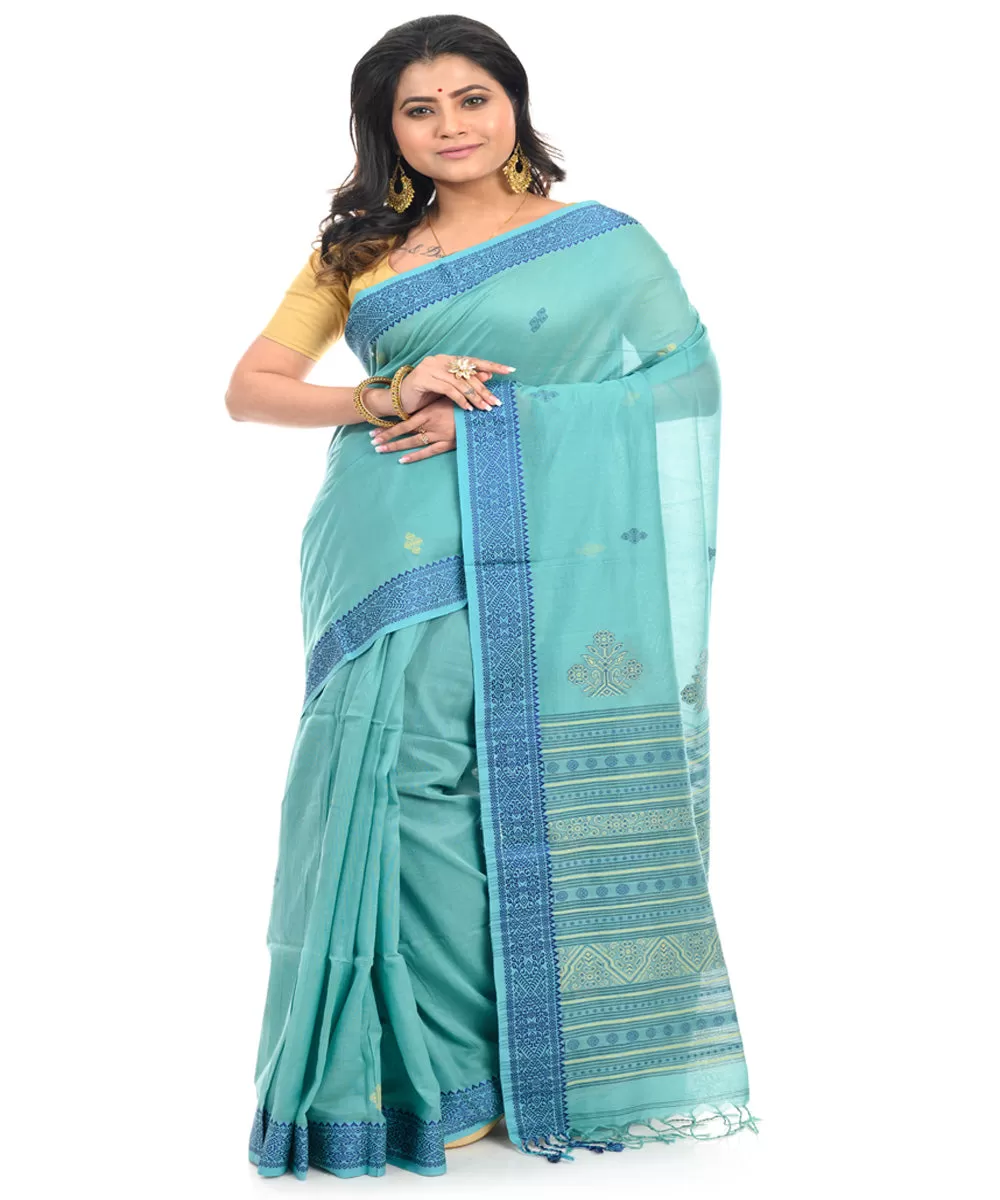 Cyan blue cotton handwoven shantipuri saree