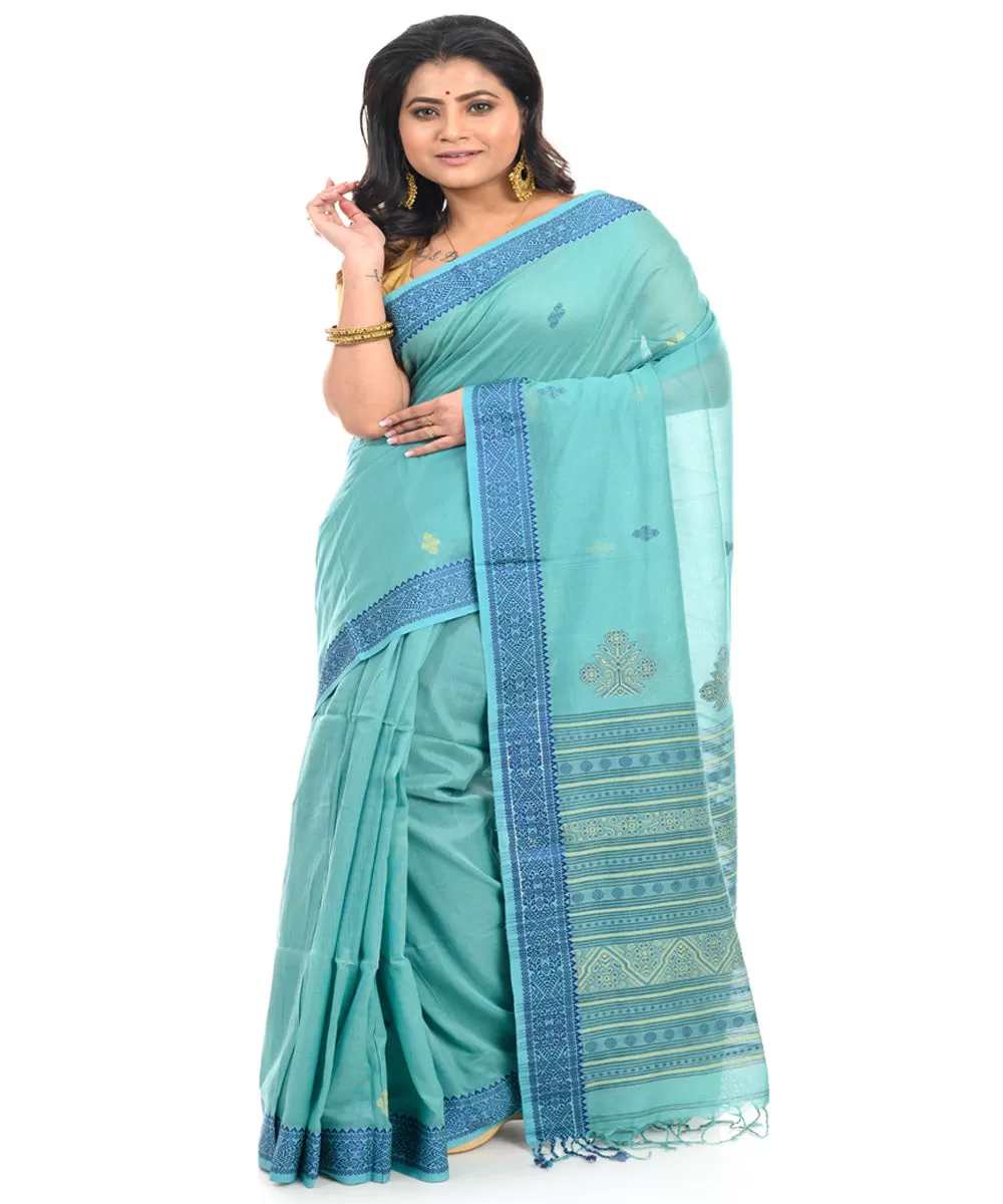 Cyan blue cotton handwoven shantipuri saree