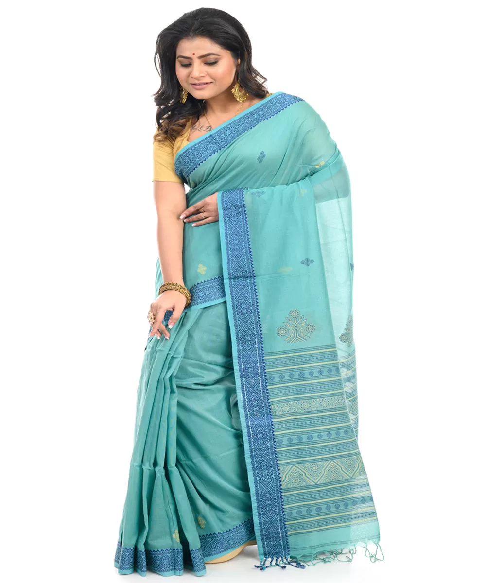 Cyan blue cotton handwoven shantipuri saree