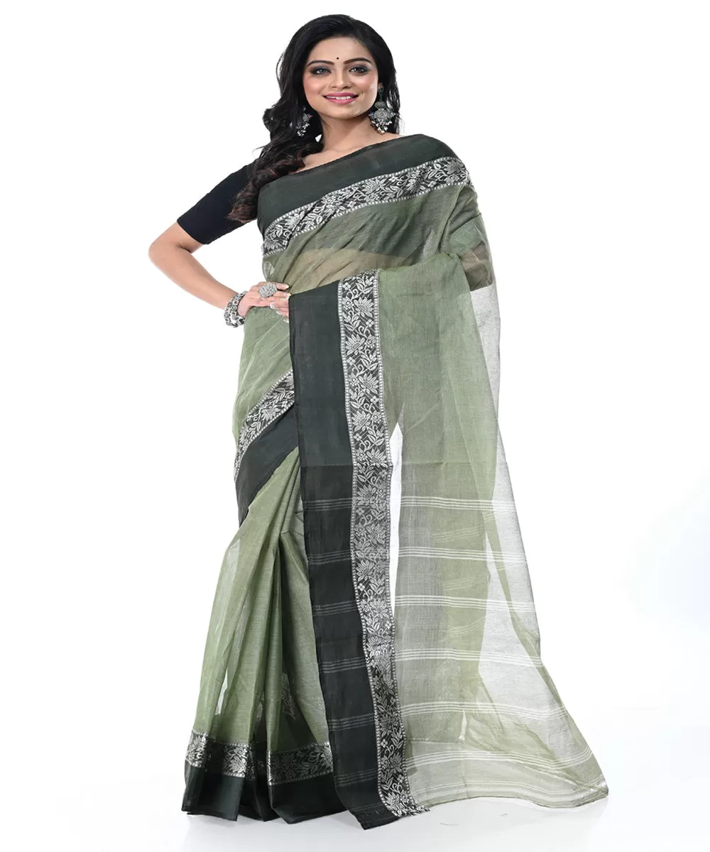 Dark green black handwoven cotton tangail saree