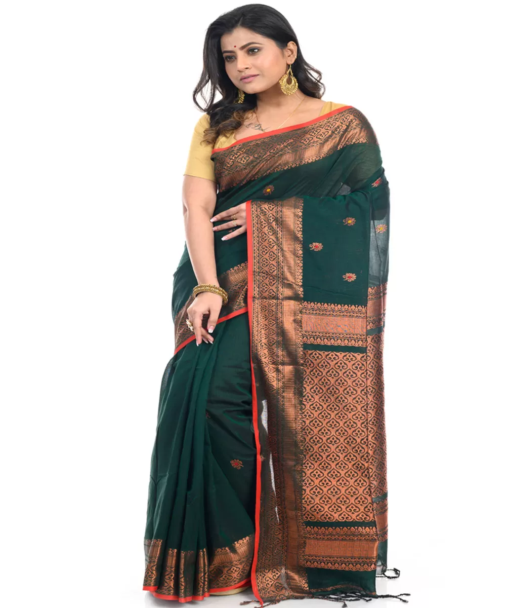 Dark green handwoven cotton shantipuri saree