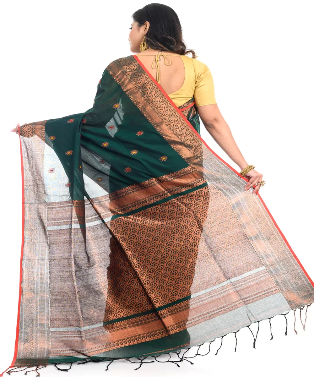 Dark green handwoven cotton shantipuri saree