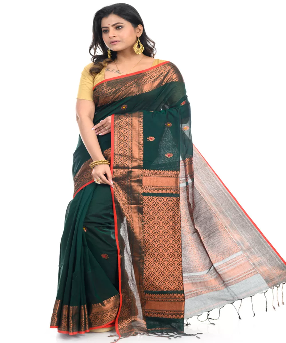 Dark green handwoven cotton shantipuri saree