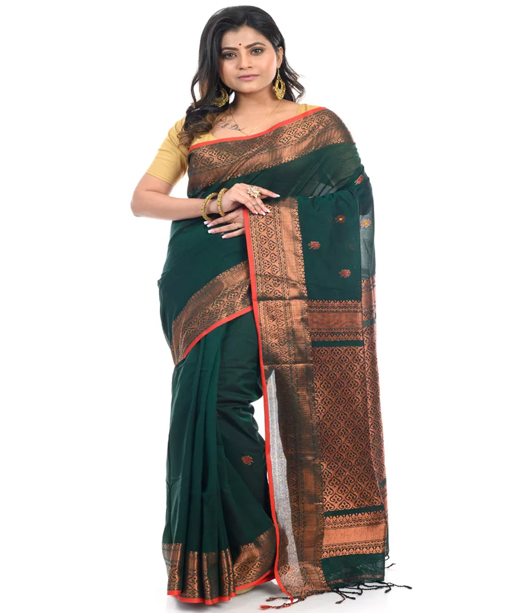 Dark green handwoven cotton shantipuri saree