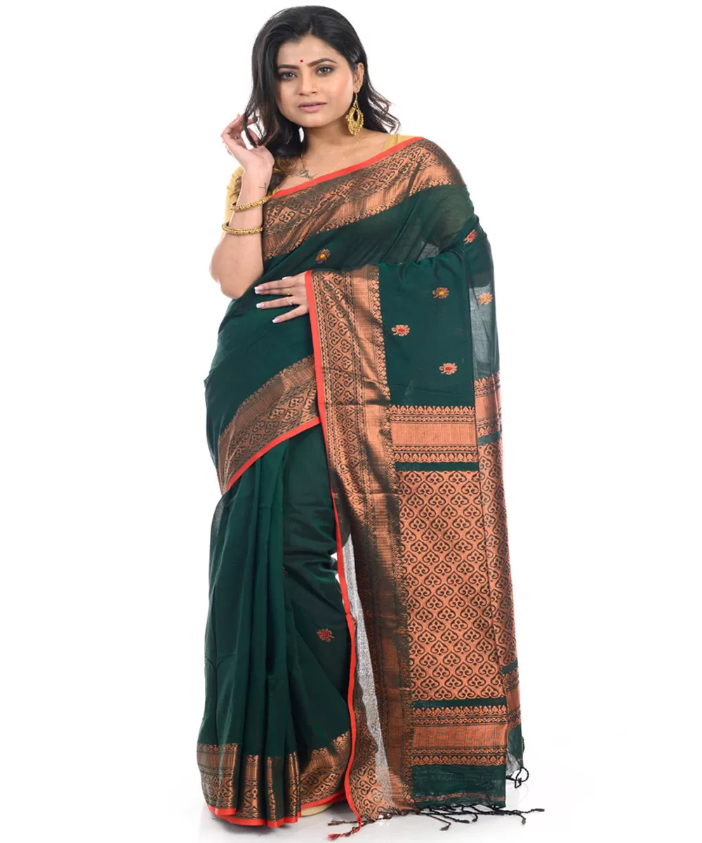 Dark green handwoven cotton shantipuri saree