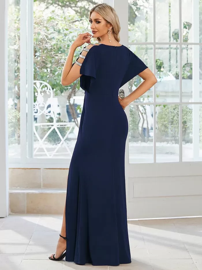 Deep V Neck High Split Pleated Bridesmaid Dress