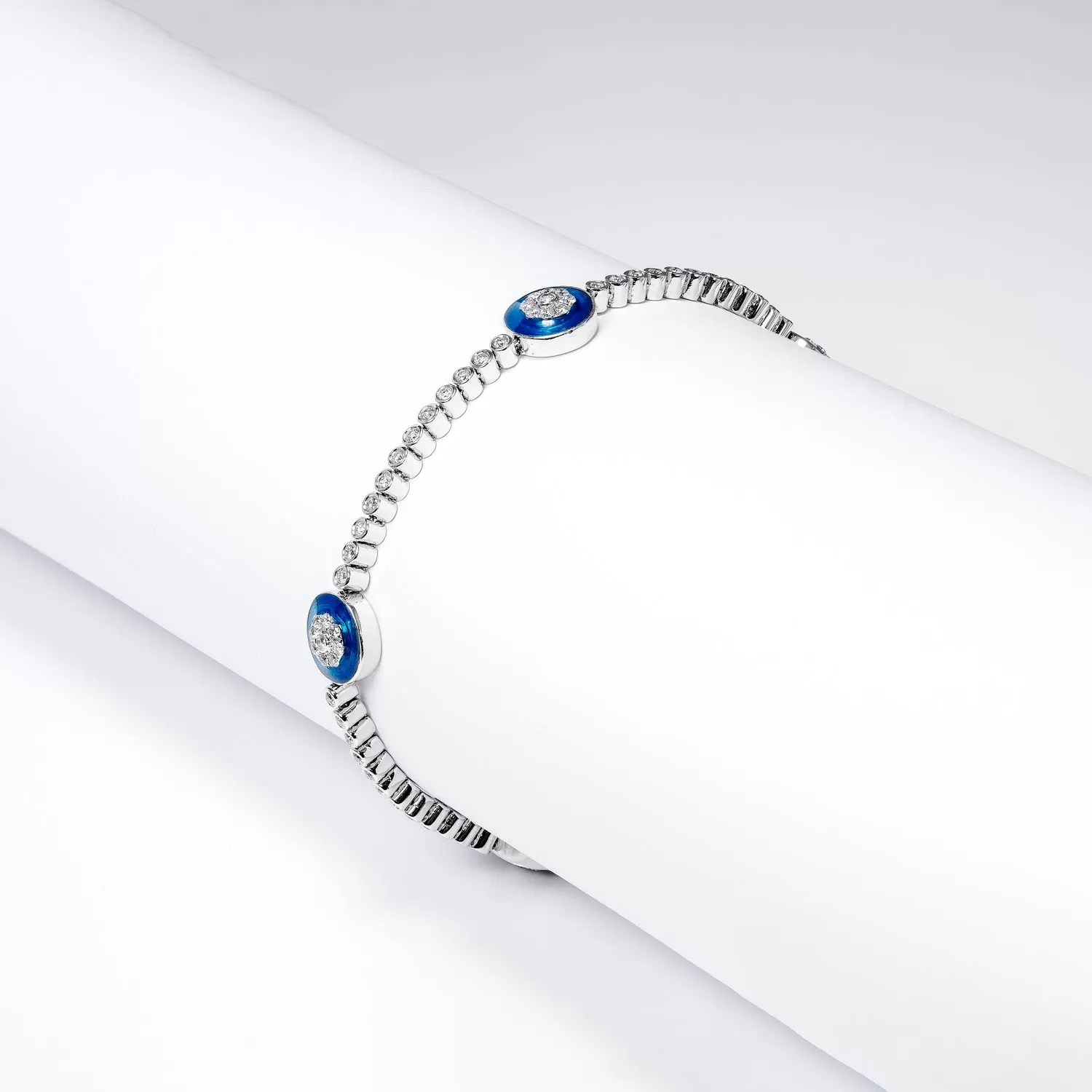 Diamond Evil Eye Protection Bracelet Round Brilliant Bezel 14k White Gold