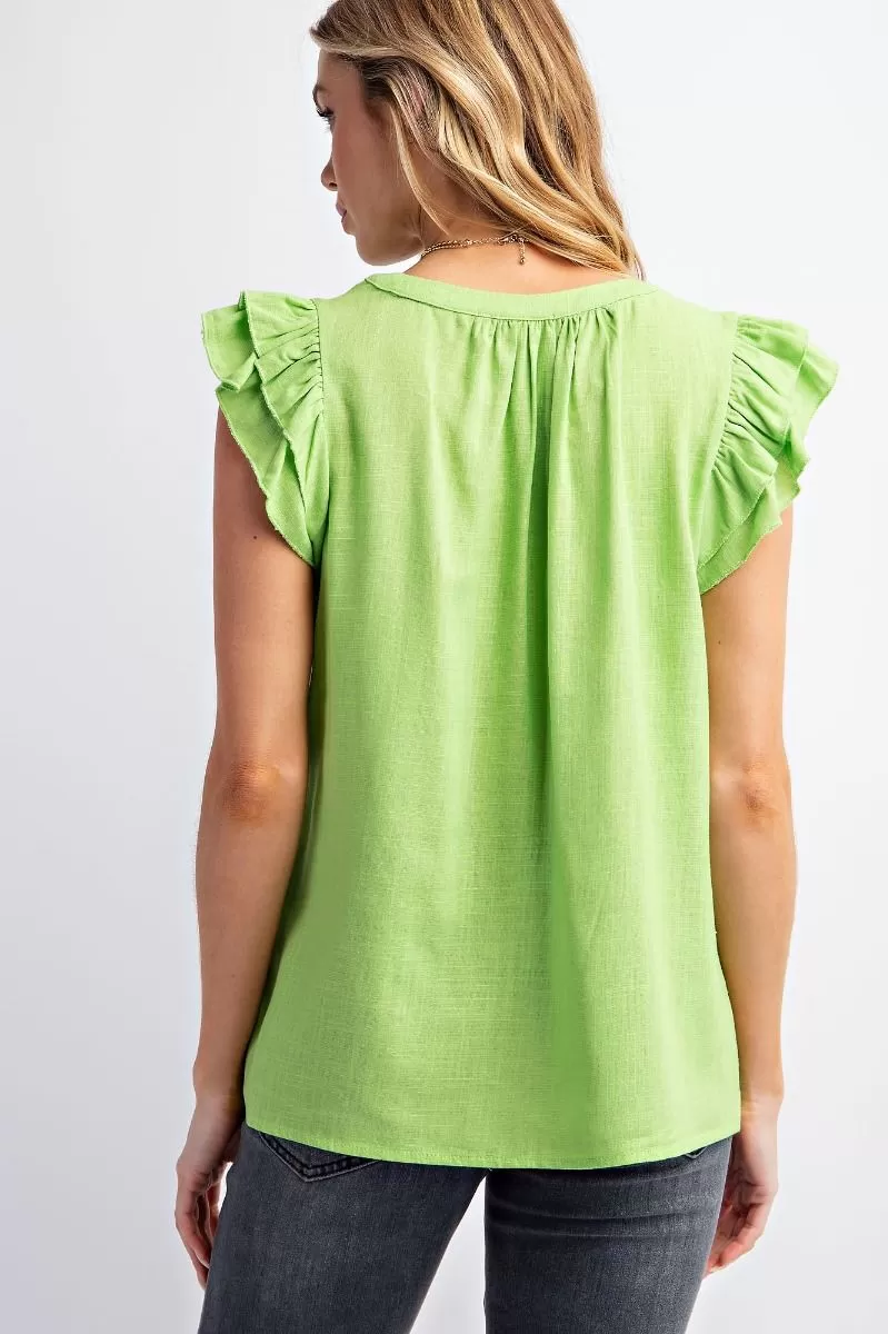 Double Ruffle Sleeve Cotton Linen Top