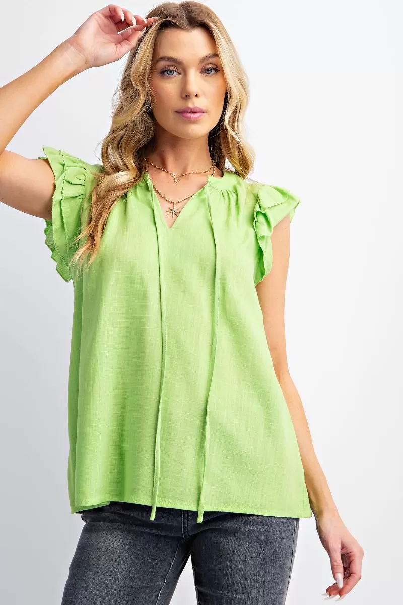 Double Ruffle Sleeve Cotton Linen Top