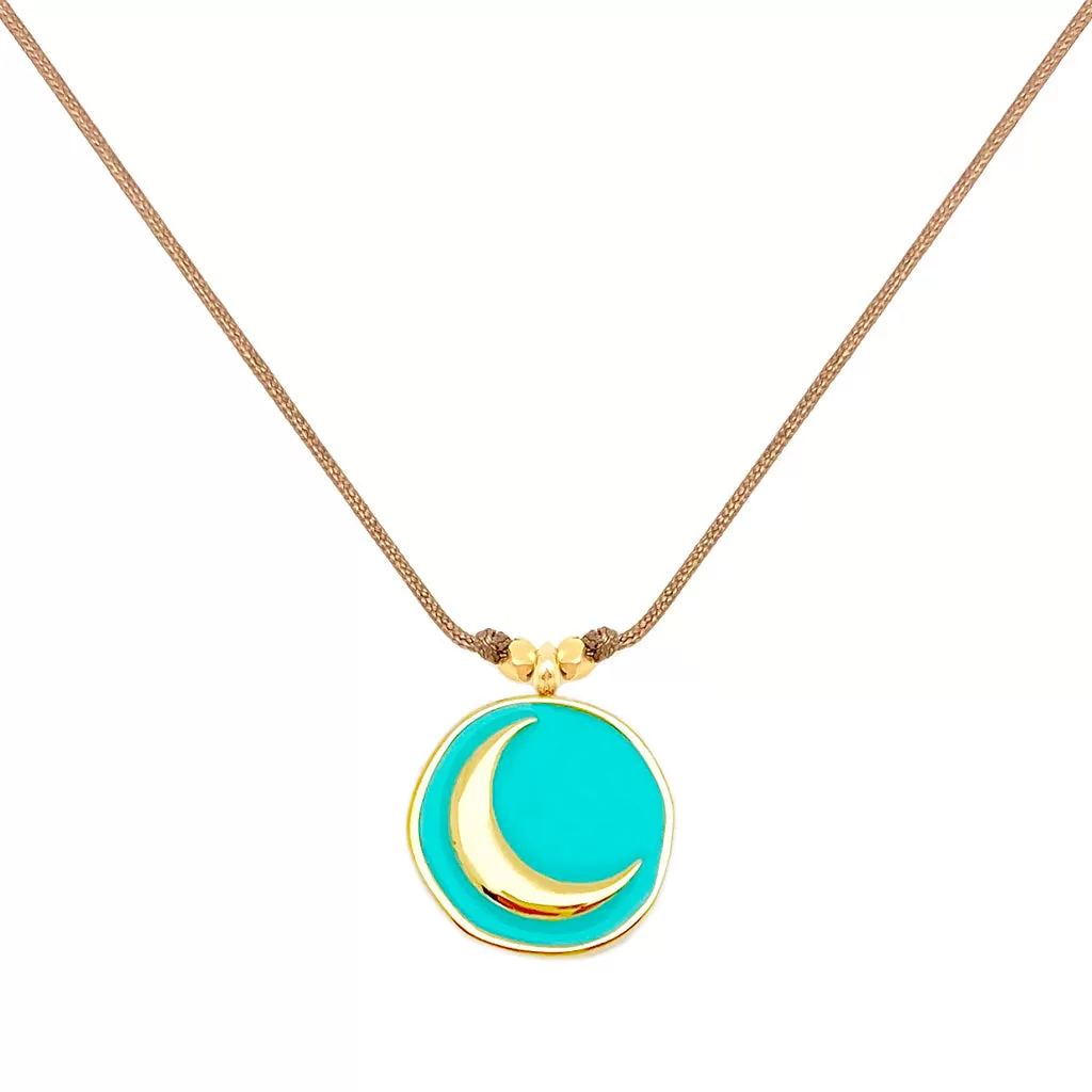 Enamel Charm Necklace - Aqua Crescent Moon