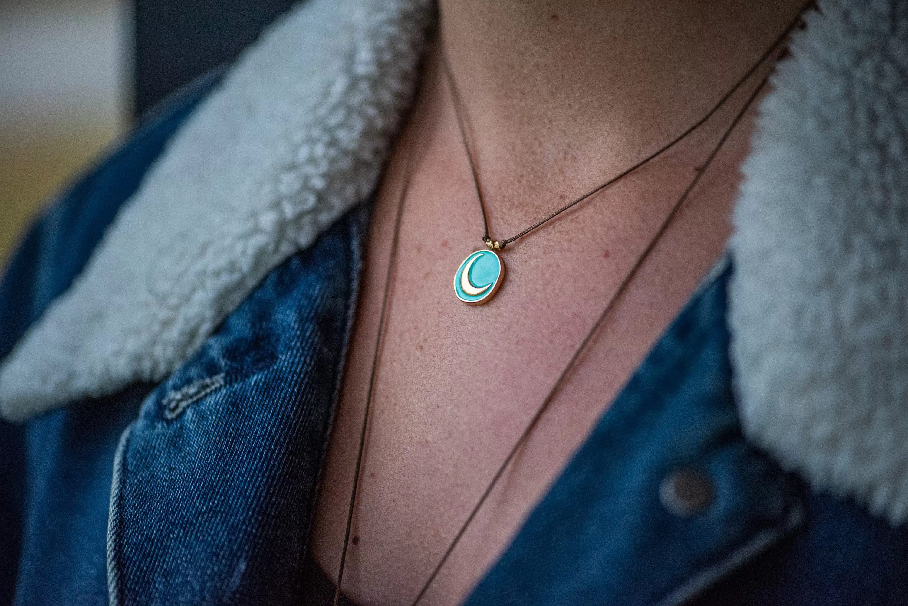 Enamel Charm Necklace - Aqua Crescent Moon