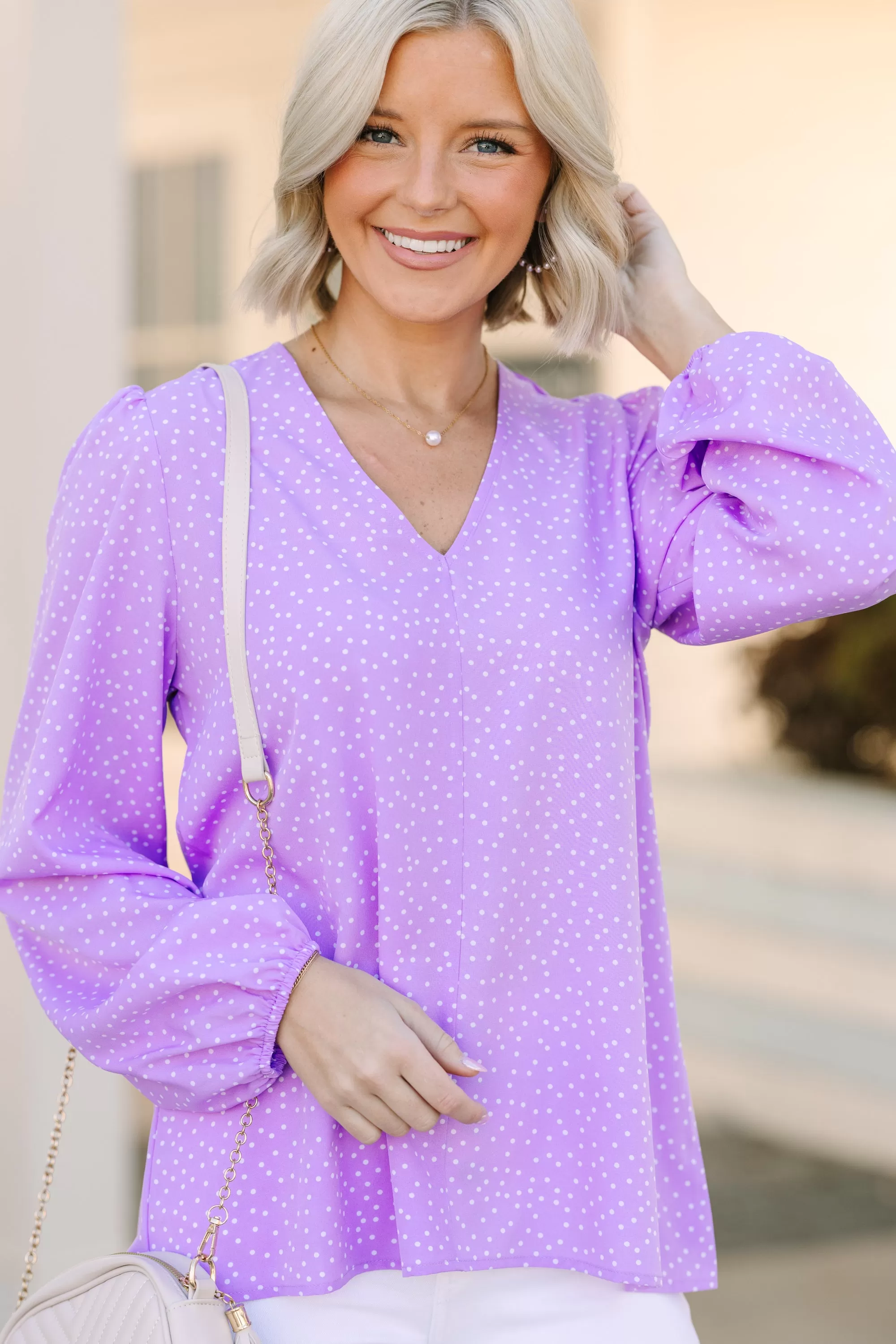 Falling For You Lavender Polka Dot Blouse