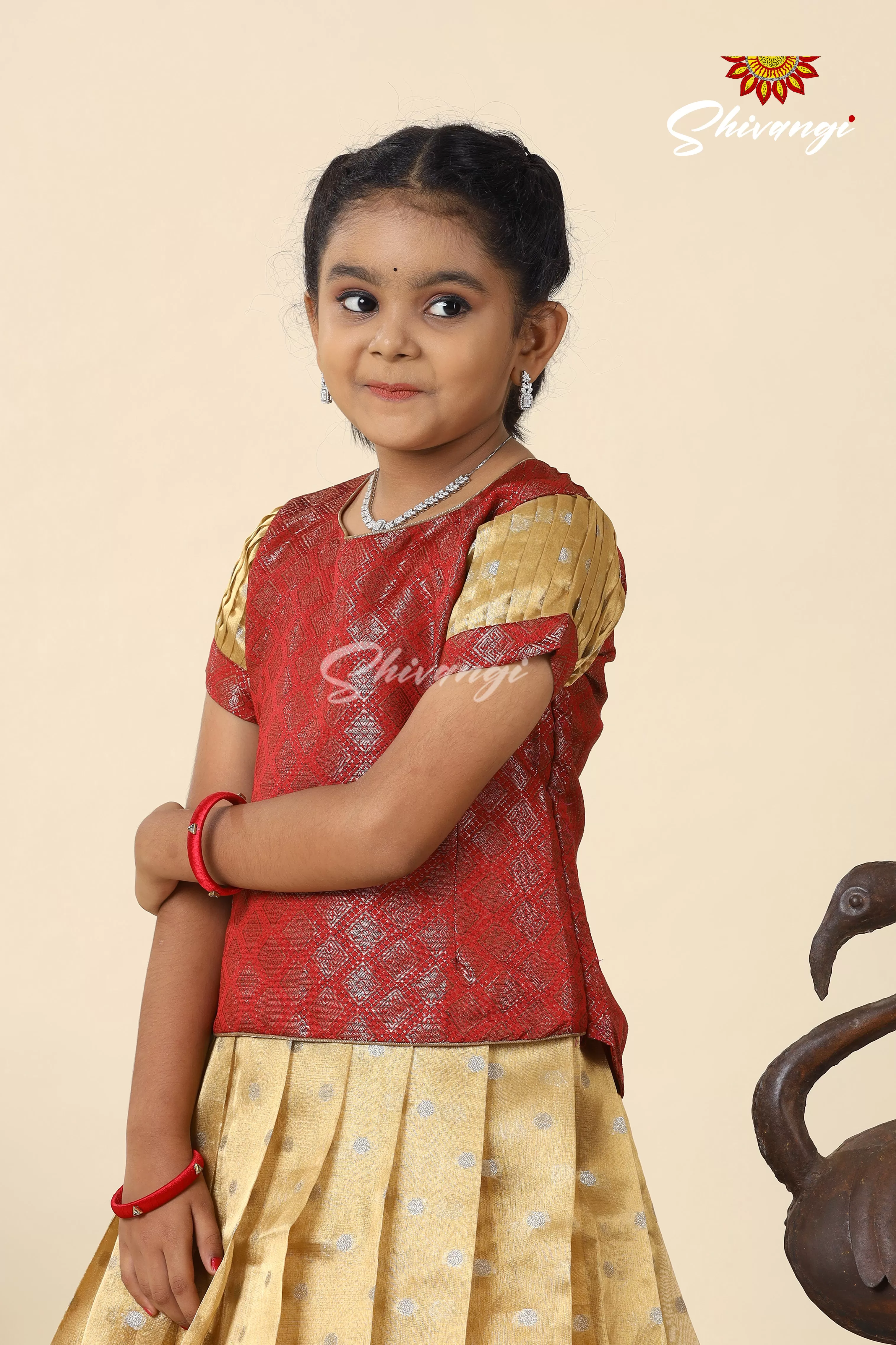 Festive Collection -  Red Tissue Butta Border Pavadai Set For Kids