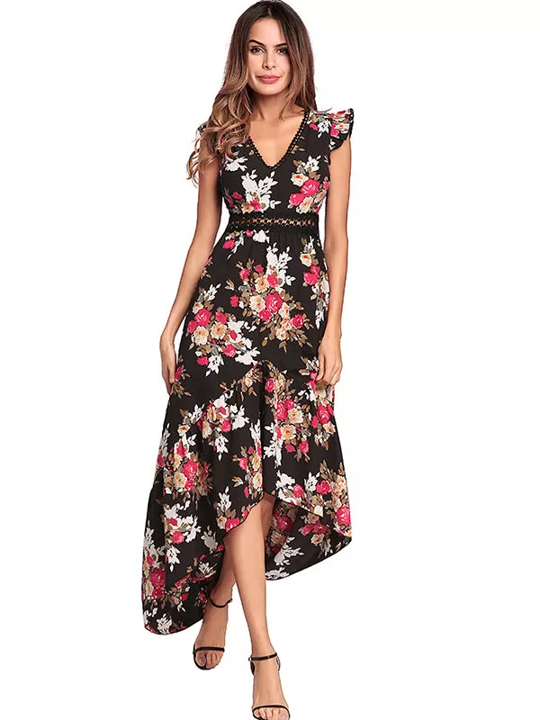 Floral Maxi Backless V-neck Hollow Out Waist Flower Black White High Low Long Dress