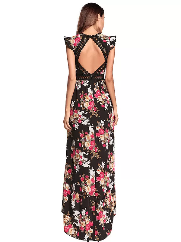 Floral Maxi Backless V-neck Hollow Out Waist Flower Black White High Low Long Dress