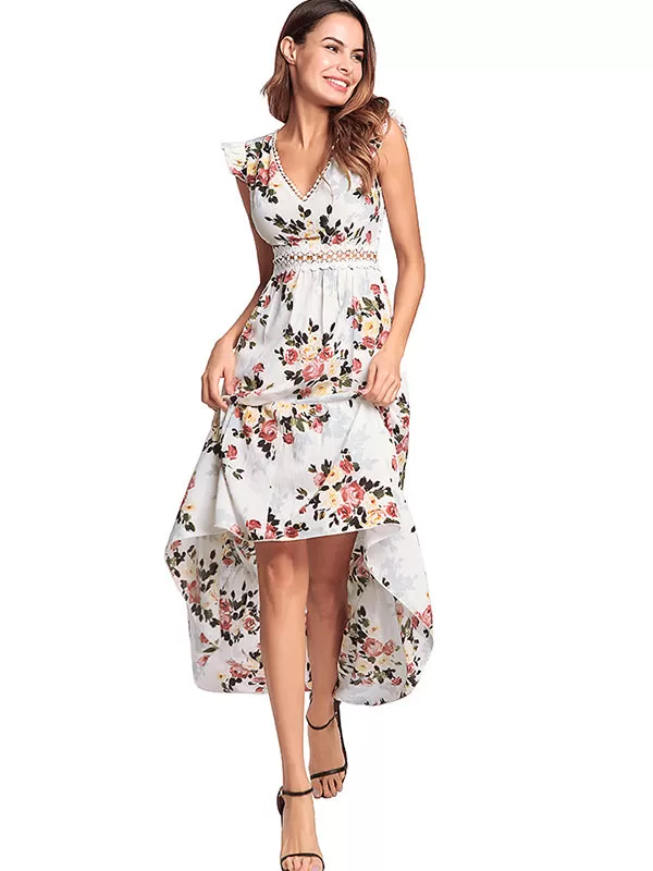 Floral Maxi Backless V-neck Hollow Out Waist Flower Black White High Low Long Dress