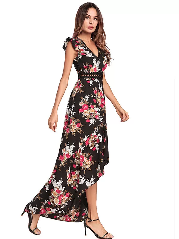 Floral Maxi Backless V-neck Hollow Out Waist Flower Black White High Low Long Dress