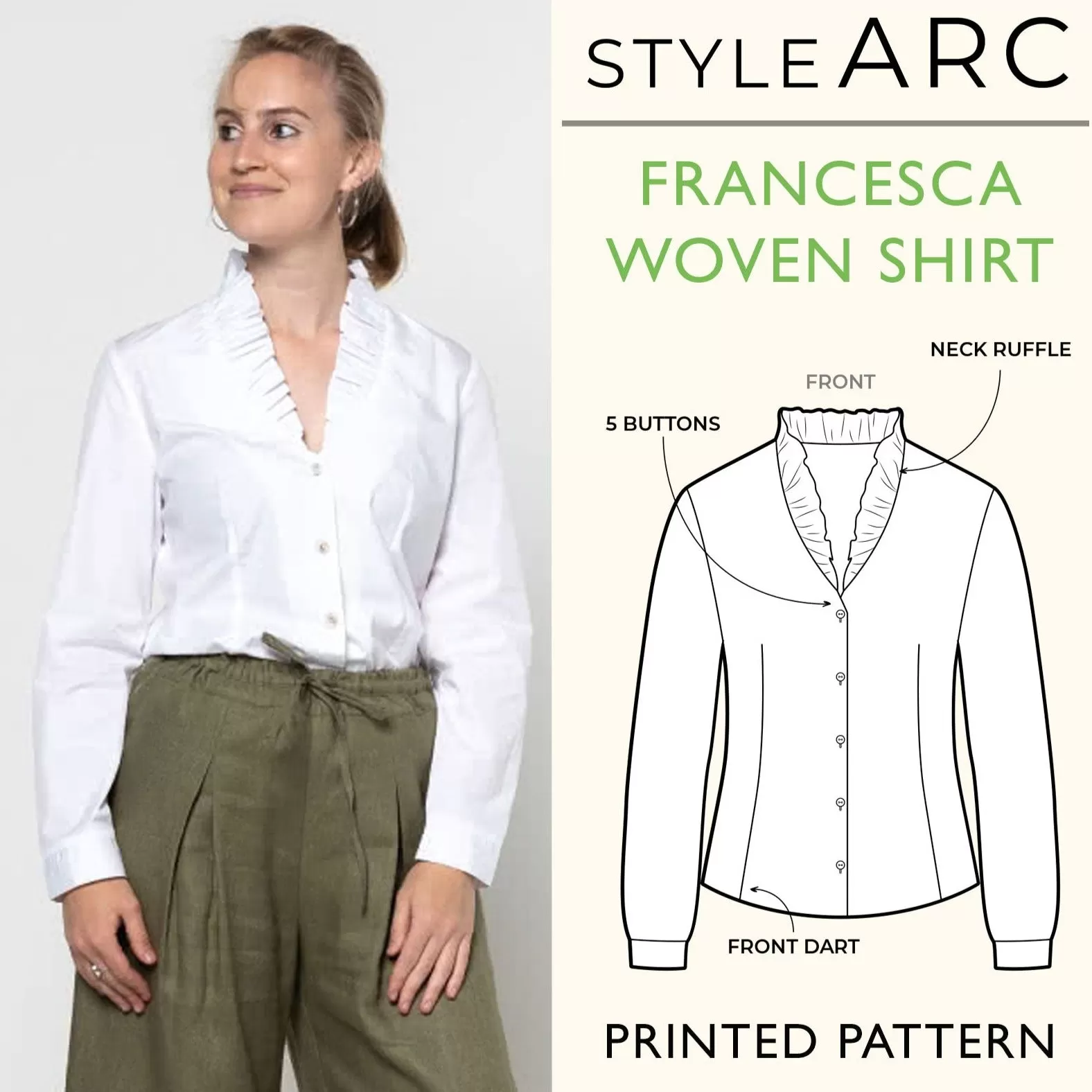 Francesca Shirt Sewing Pattern by Style Arc, US Sizes 0-26