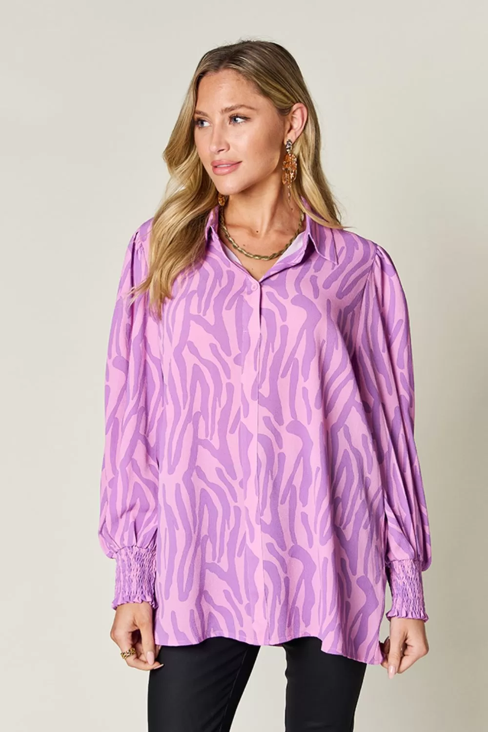 Full Size Printed Smocked Long Sleeve Blouse