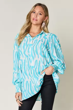 Full Size Printed Smocked Long Sleeve Blouse