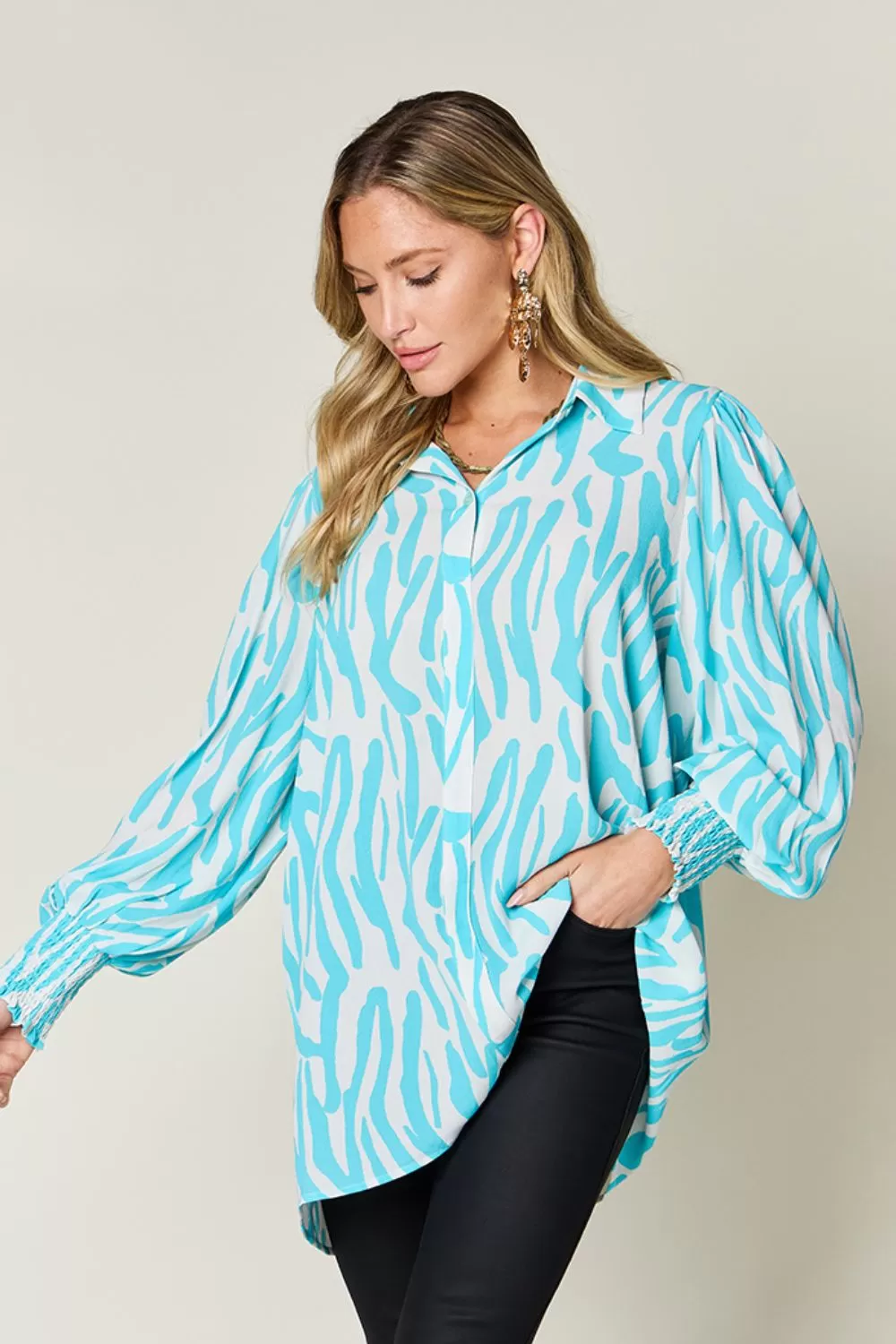 Full Size Printed Smocked Long Sleeve Blouse