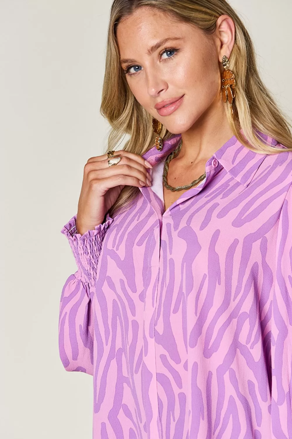 Full Size Printed Smocked Long Sleeve Blouse