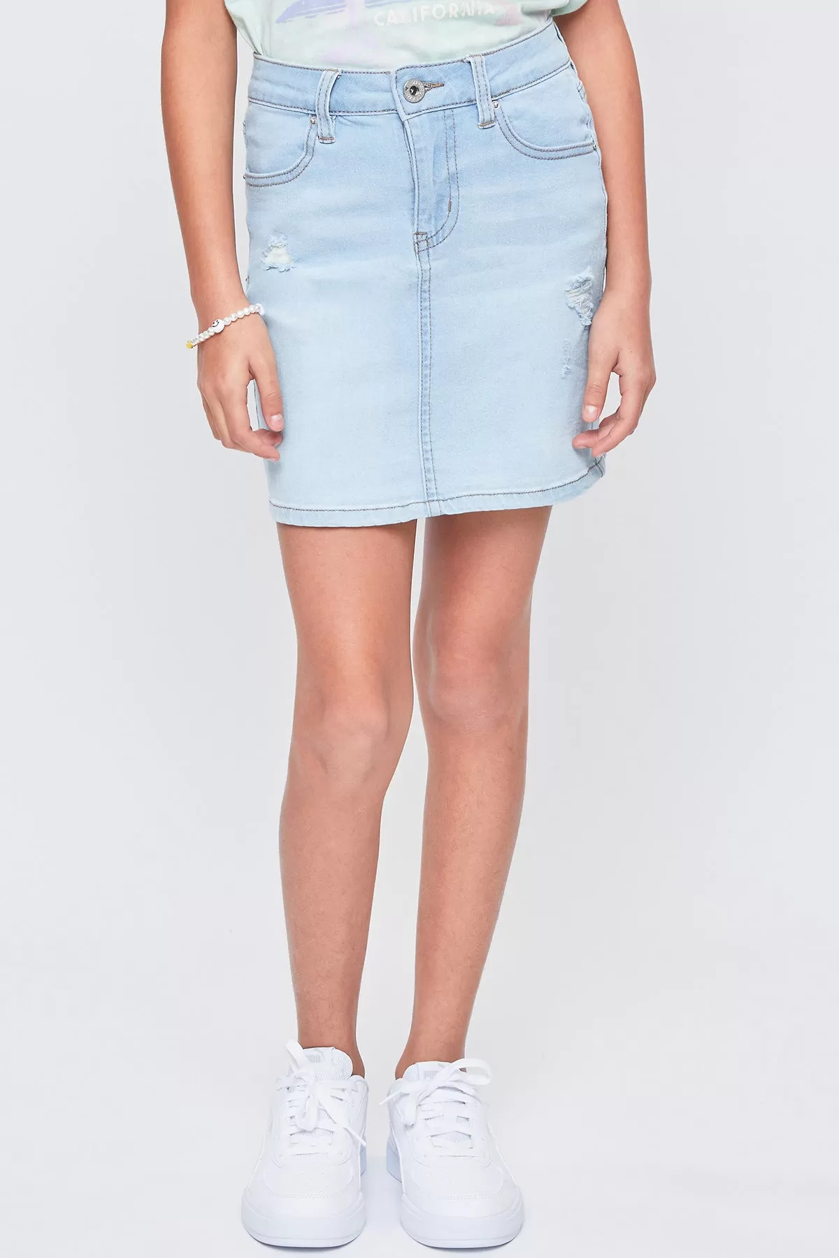 Girls' Essential High-Rise Basic Denim Skirt-Distressed