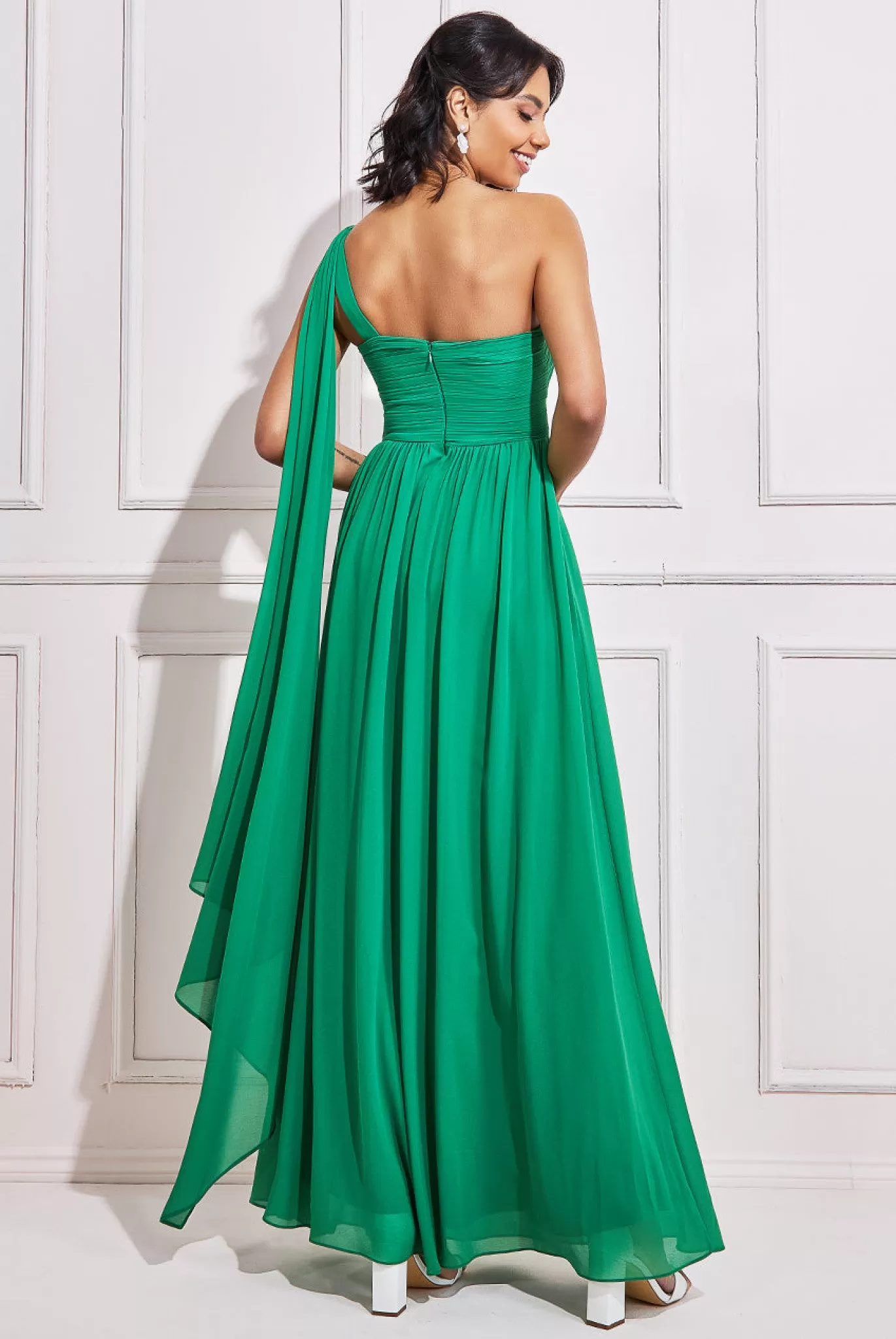 Goddiva One Shoulder Pleated Chiffon Scarf Maxi Dress