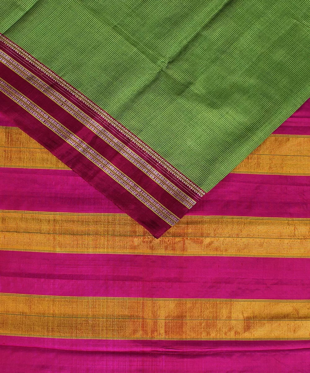 Green check pink gayatri border handloom ilkal cotton art silk saree