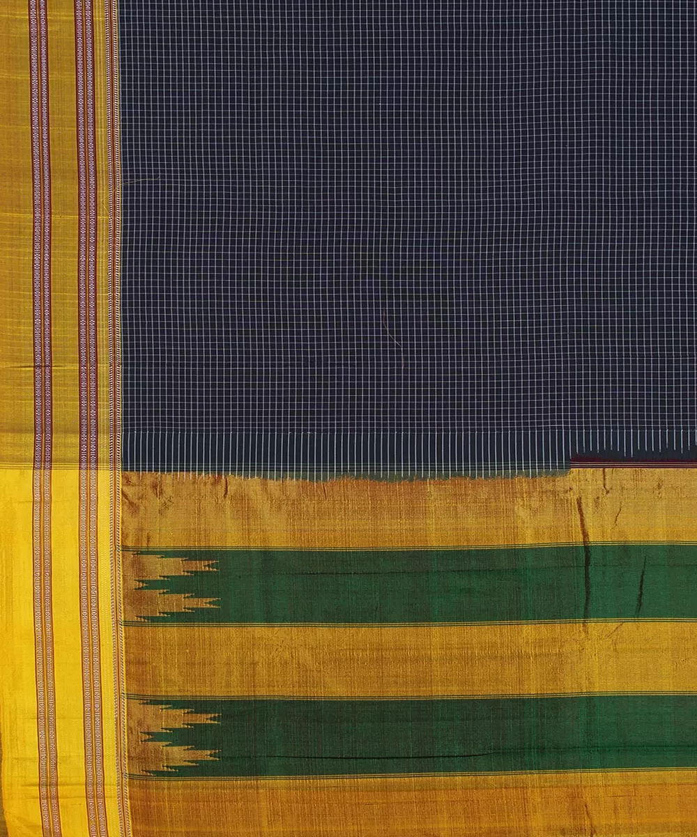 Grey check yellow gayatri border handwoven ilkal cotton silk saree