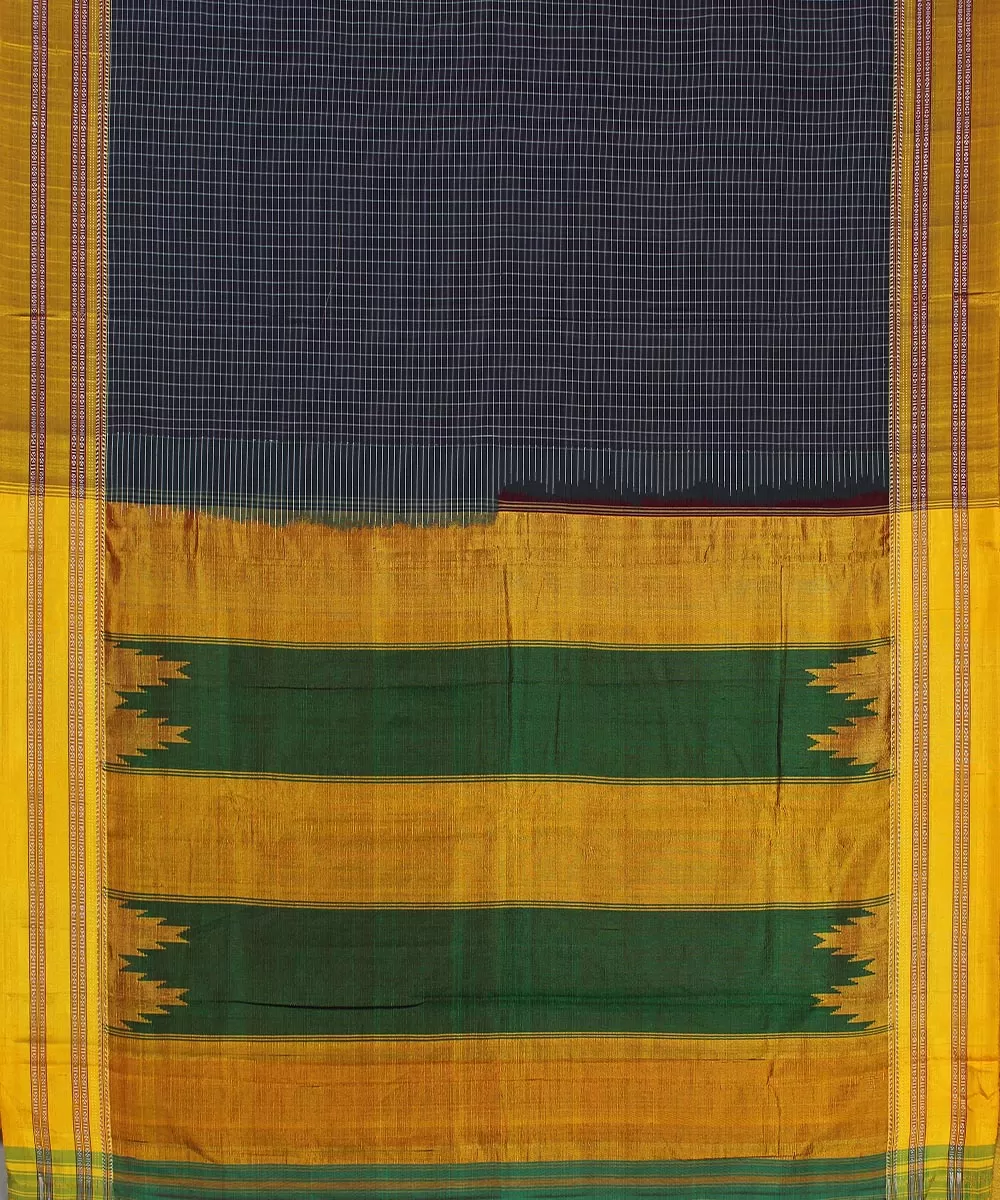 Grey check yellow gayatri border handwoven ilkal cotton silk saree