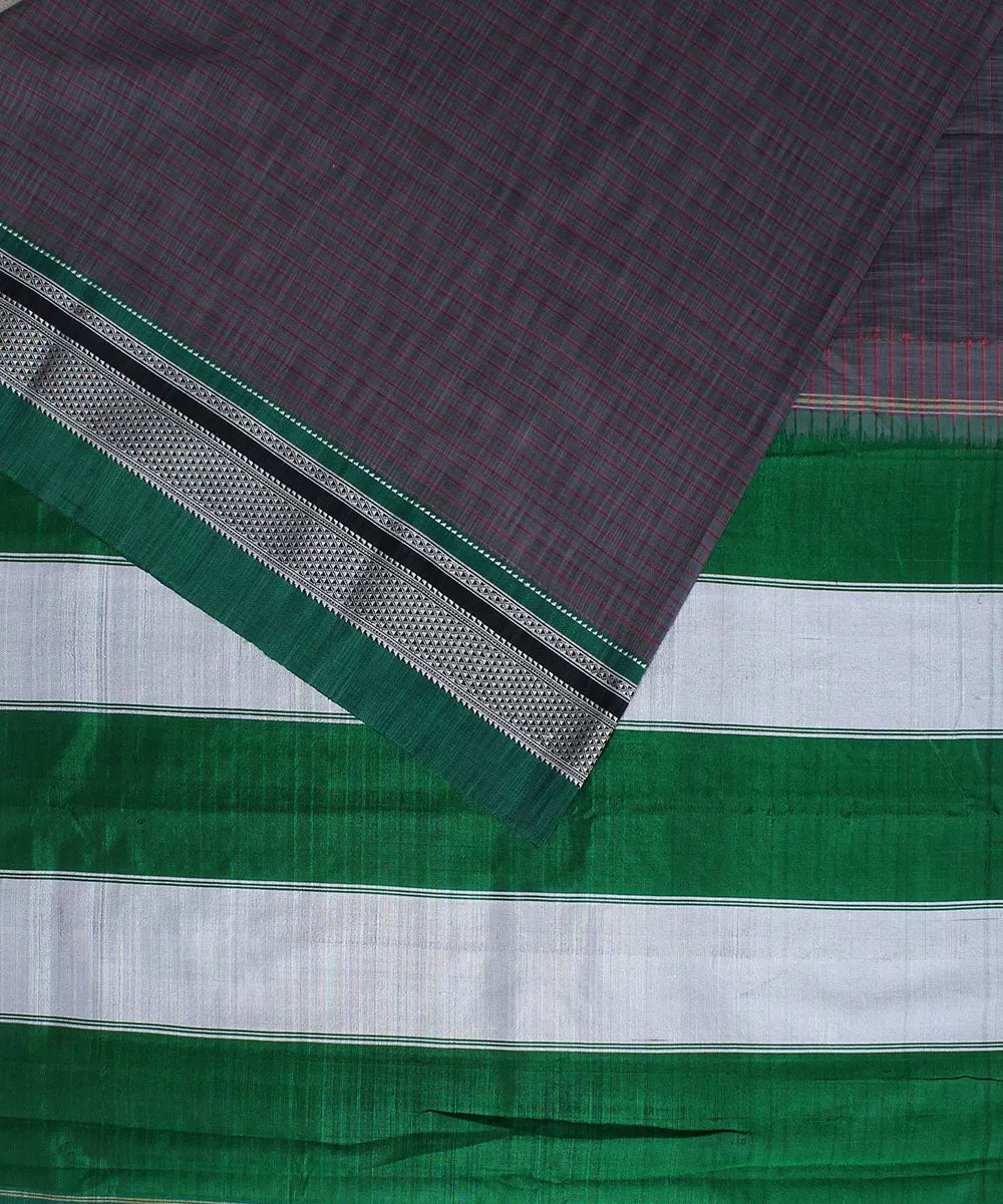 Grey red stripes green chikki paras border ilkal cotton silk saree