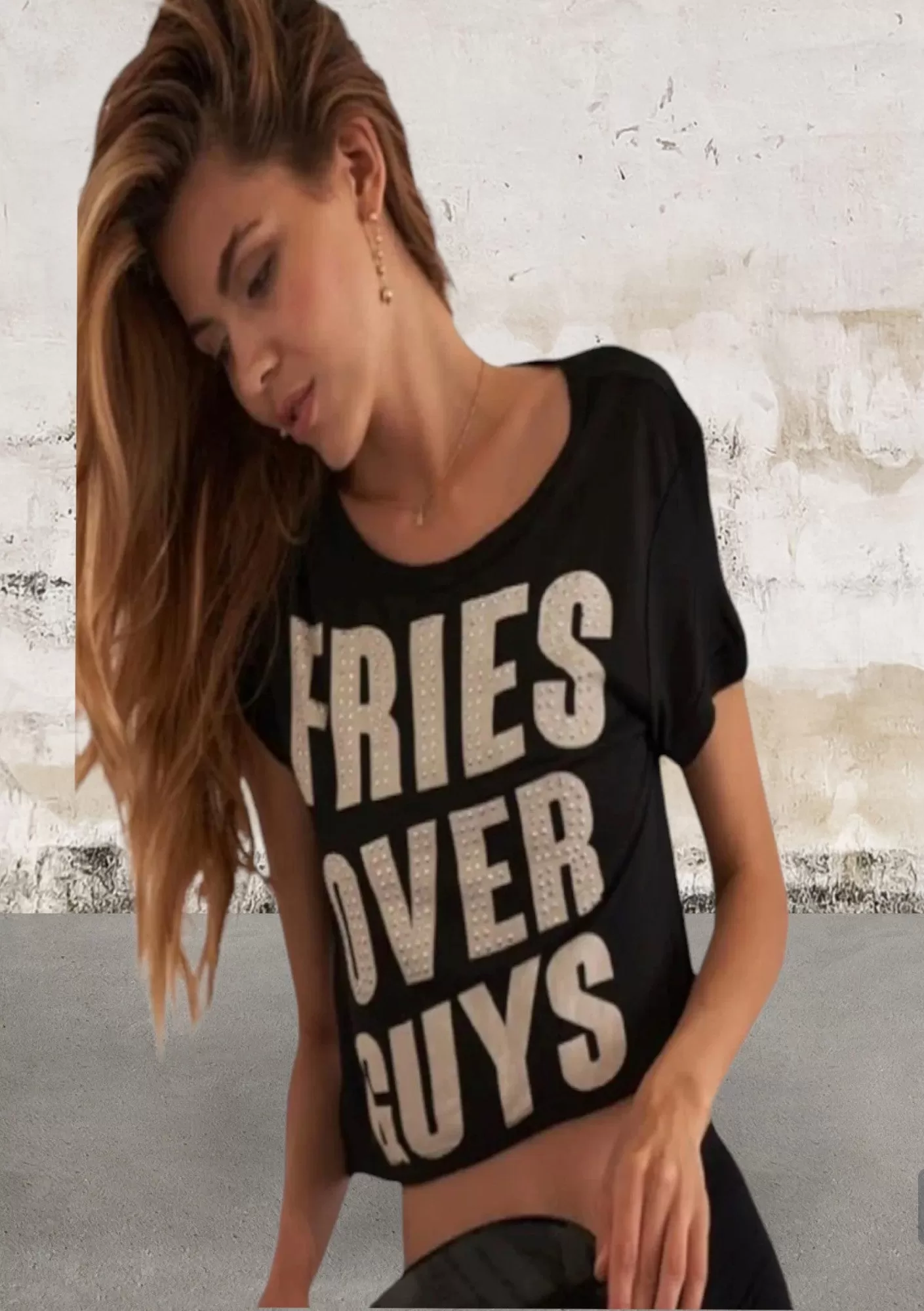 Juniors Fries Over Guys Graphic Studs Detail Crop Top