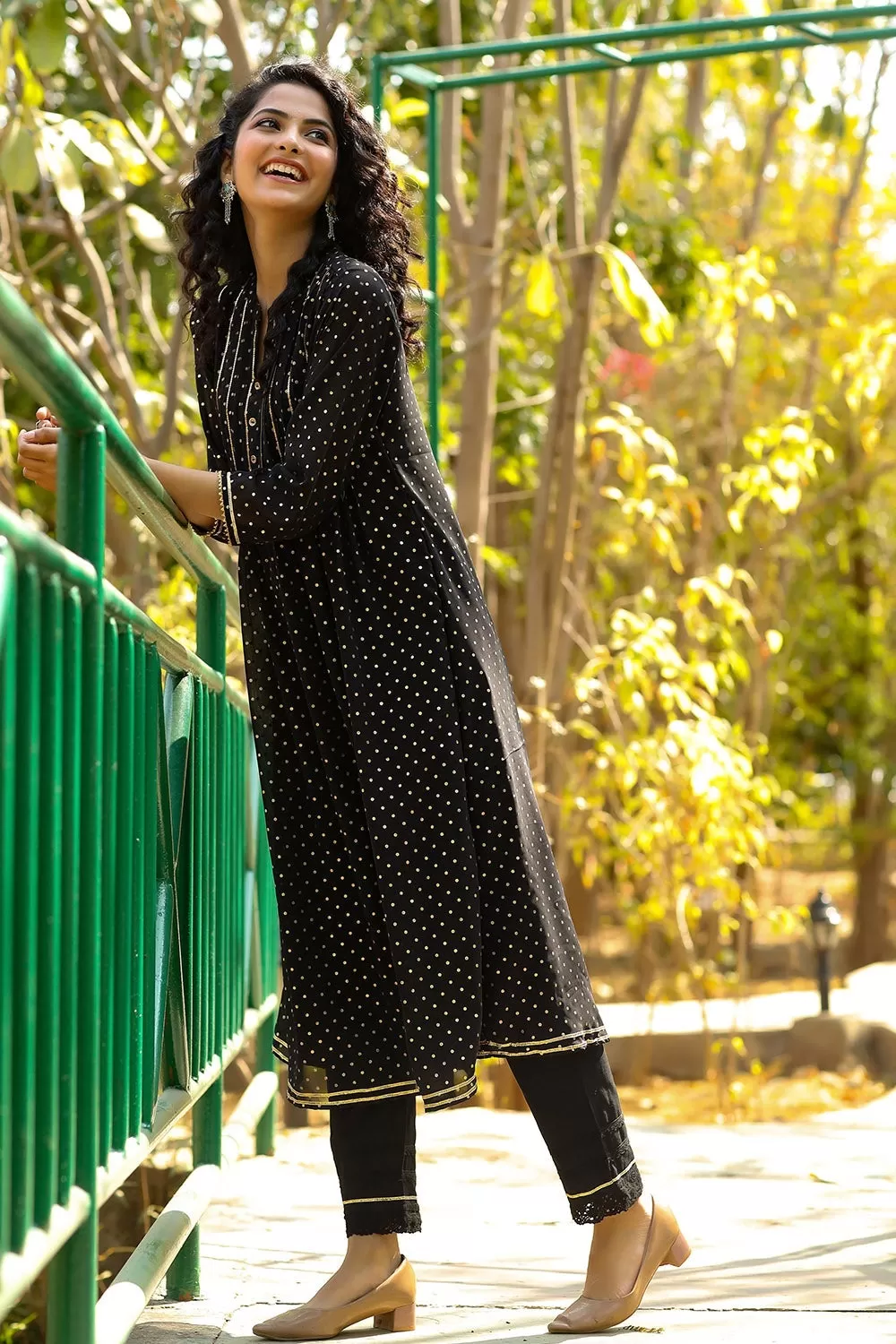 Juniper Black Polka Printed Georgette A-Line Kurta.