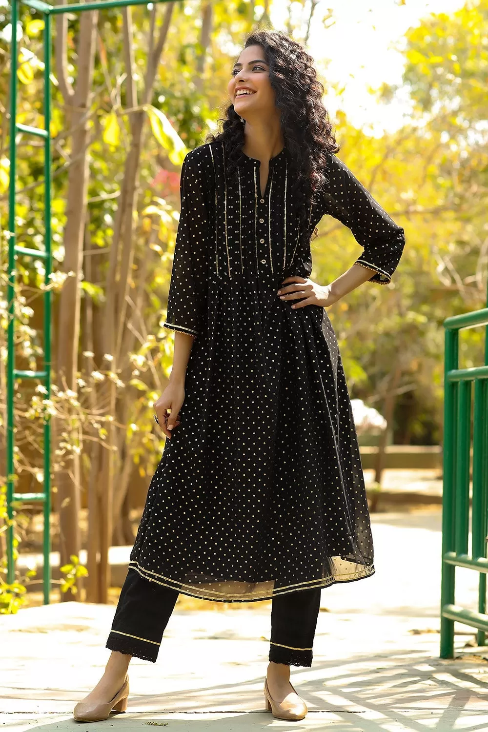 Juniper Black Polka Printed Georgette A-Line Kurta.