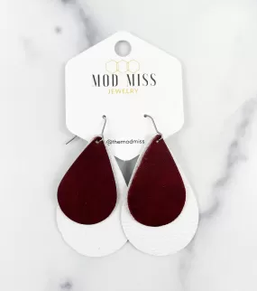 Leather Stacked Teardrop Earring Merlot   White