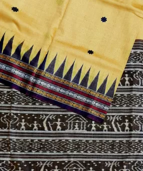 Light yellow black tussar silk handloom gopalpur saree