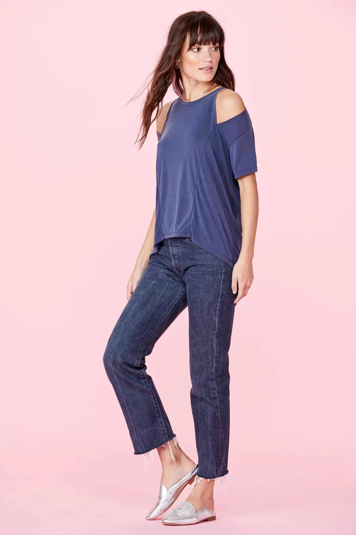 LNA Short Sleeve Slice Top Sueded Navy