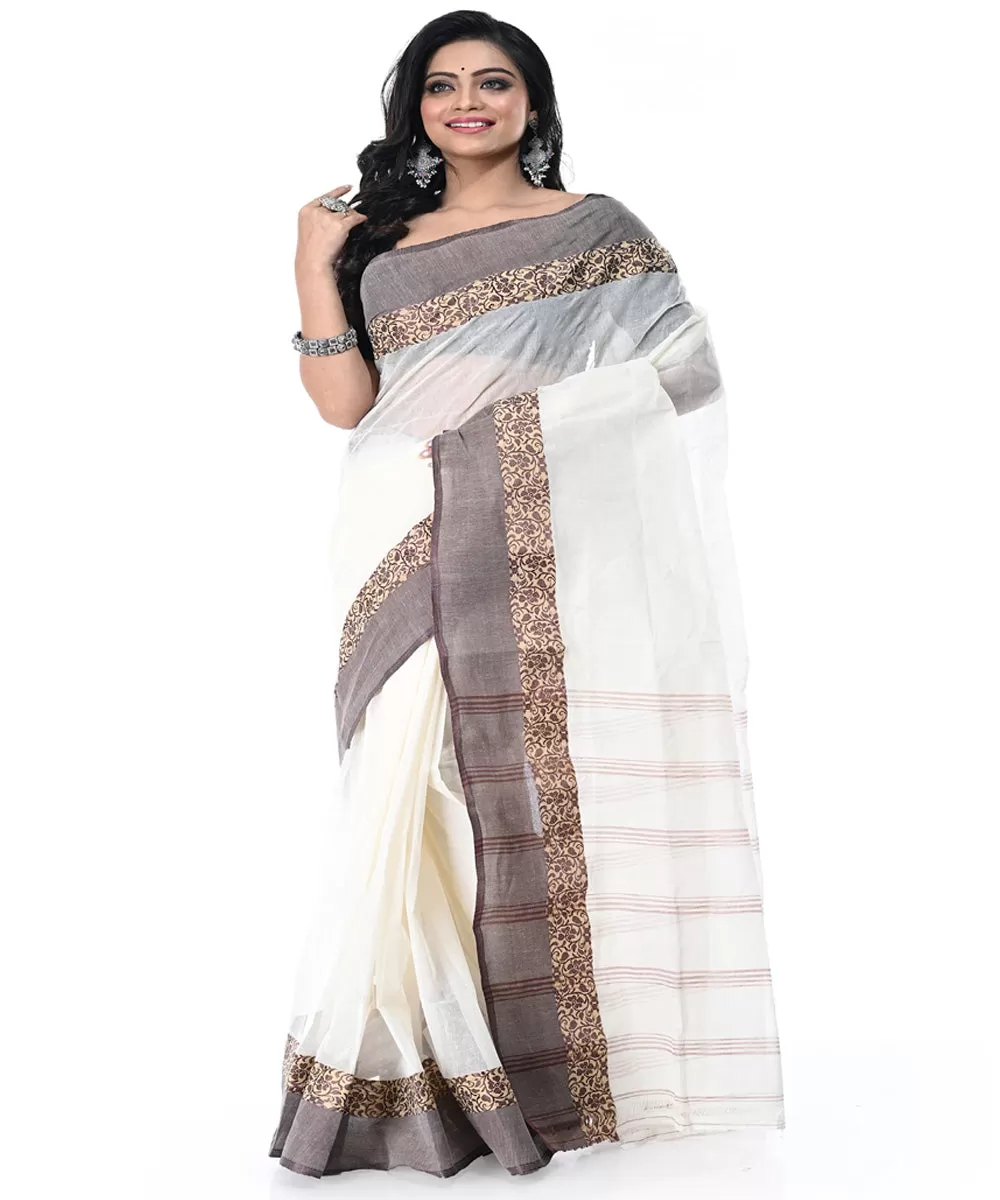 Offwhite grey handwoven tangail cotton saree