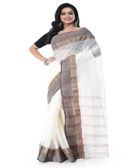 Offwhite grey handwoven tangail cotton saree