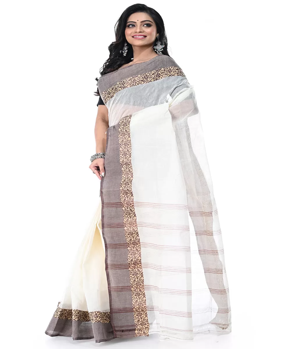 Offwhite grey handwoven tangail cotton saree