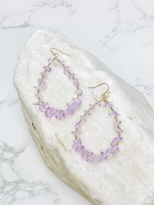 Oval Chip Beaded Earrings - Purple