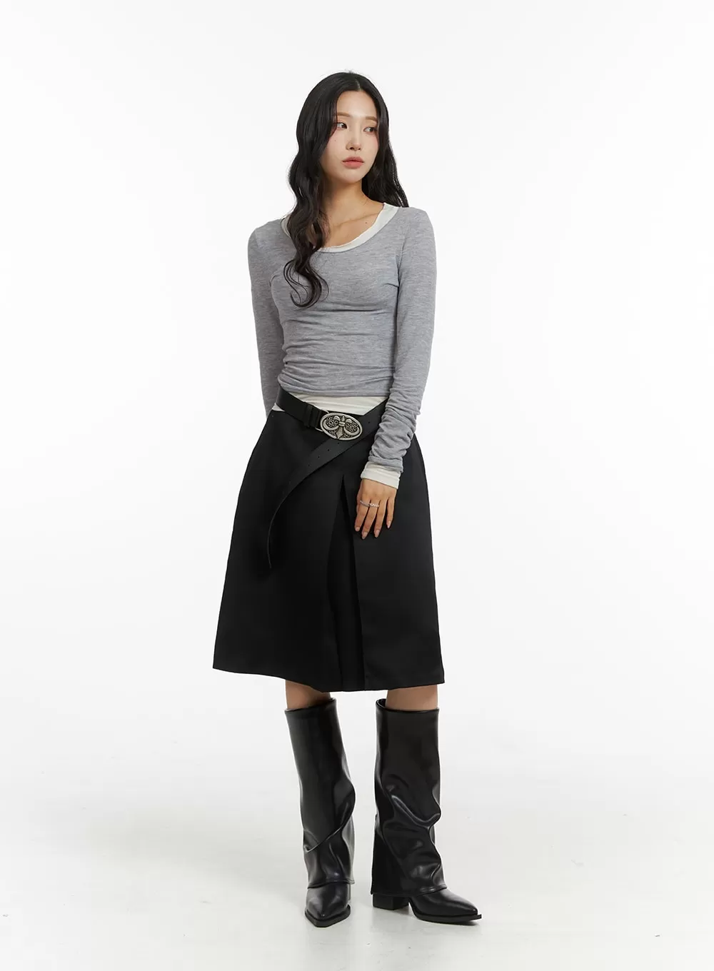 Pleated Mid-Length Solid Skirt CJ417