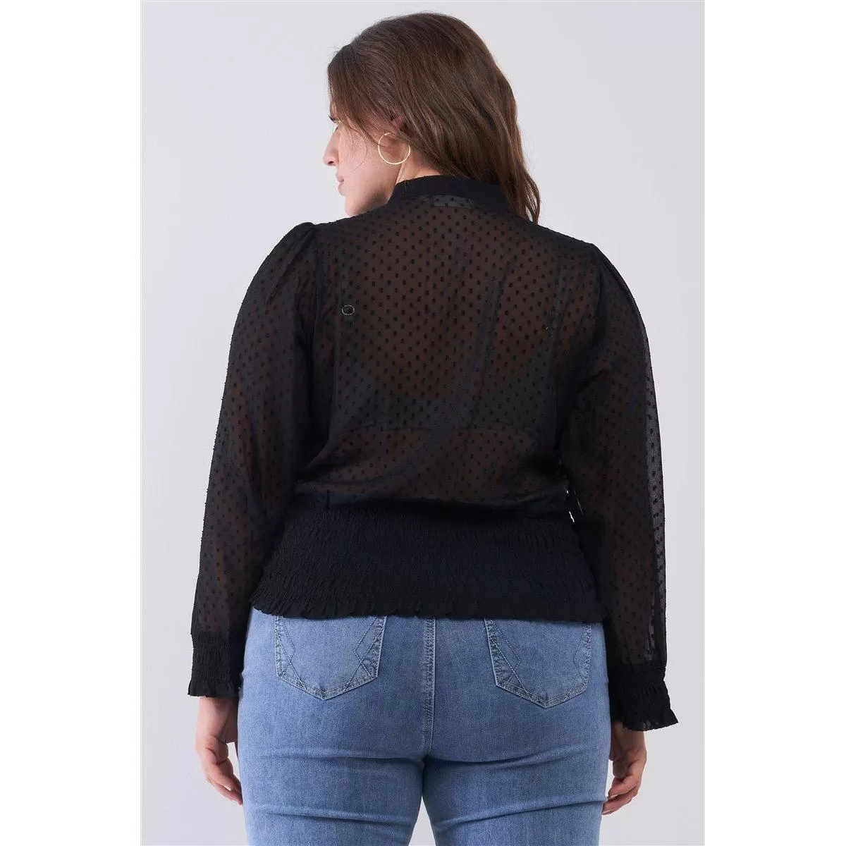 Plus Size Mesh Polka Dot Balloon Sleeve Button-down Smock Detail Blouse Top