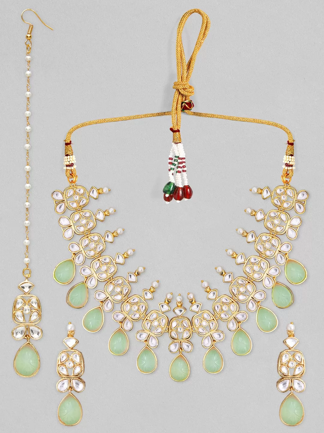 Rubans 22K gold plated choker set with studded stones and mint green colour beads.